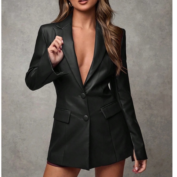 Black Faux Leather Jacket Blazer PU Leather - Picture 1 of 13